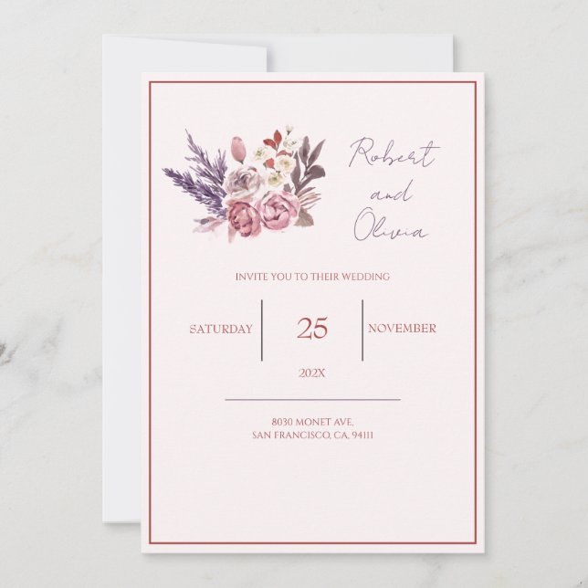 Invitation "Mariage Élégant aux Fleurs Roses et Violettes" (Devant)