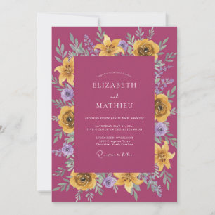 Invitation Mariage Élégant aux Fleurs Sauvages Magenta Jaune