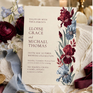 Invitation Mariage élégant aux iris bordeaux et bleu poussiér