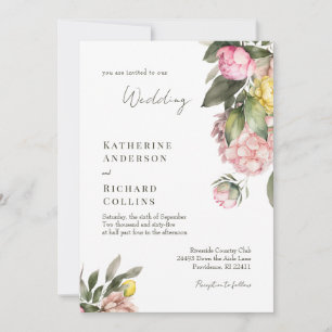 Invitation Mariage Élégant aux Pivoines Roses et Jaunes