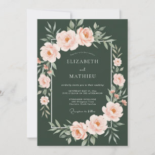 Invitation Mariage élégant aux pivoines vert forêt