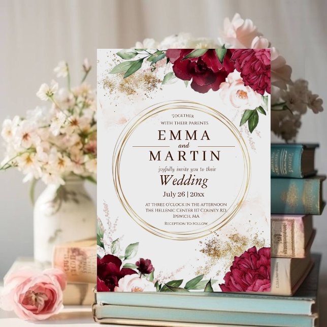 Invitation Mariage élégant aux Roses d'or rouge de Bourgogne (Créateur téléchargé)
