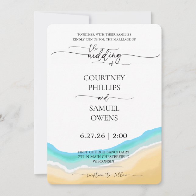 Invitation Mariage Élégant aux Vagues Océaniques (Devant)