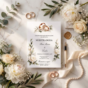 Invitation Mariage Élégant avec Anneaux Dorés et Fleurs Blanc