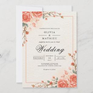Invitation Mariage Élégant avec Arceau Floral de Corail Attén