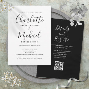 Invitation Mariage élégant avec code QR en noir et blanc