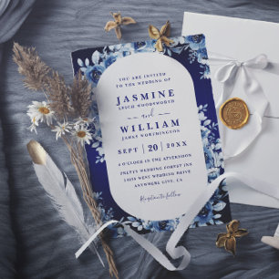 Invitation Mariage élégant avec code QR floral blanc et bleu