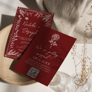 Invitation Mariage élégant avec code QR floral bleu rouge mod