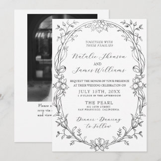 Invitation Mariage élégant avec code QR photo floral noir et