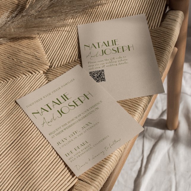 Invitation Mariage élégant avec code QR rétro vert olive (Créateur téléchargé)