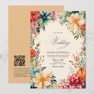 Invitation Mariage élégant avec fête et code QR à l'aquarelle