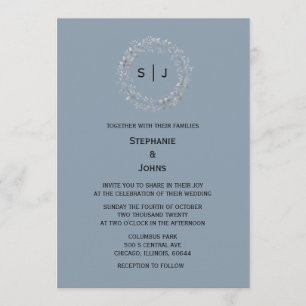 Invitation Mariage élégant avec monogramme de feuille de bleu