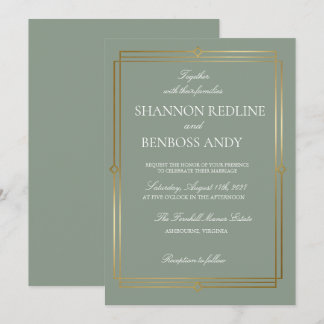 Invitation Mariage élégant avec monogramme vert sauge et or