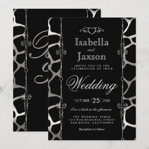 Invitation Mariage élégant avec motif girafe argent et noir