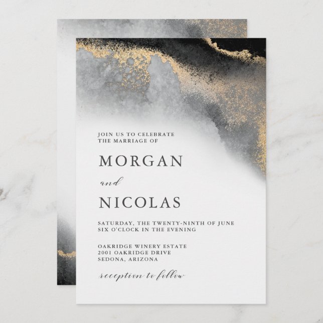 Invitation Mariage Élégant avec Opulence de Marbre Noir et Or (Devant / Derrière)