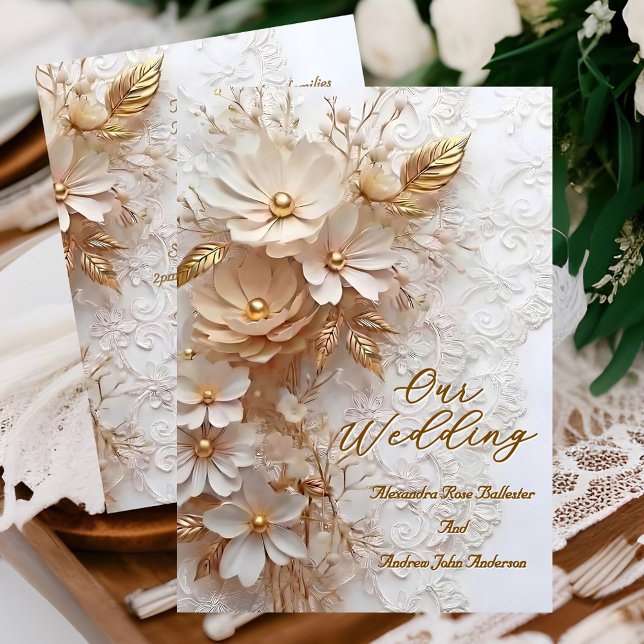 Invitation Mariage Élégant Beige Blanc Dentelle Fleurs Dorées (Créateur téléchargé)