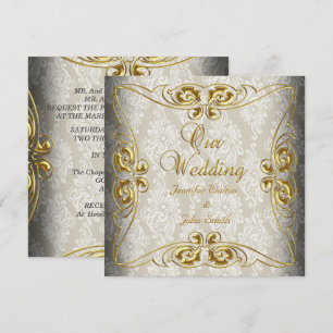 Invitation Mariage élégant beige or damas