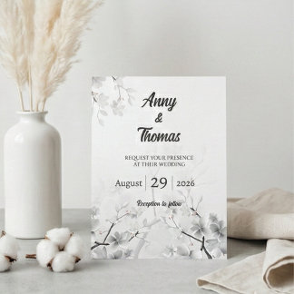 Invitation Mariage élégant blanc cerisier en fleurs et argent