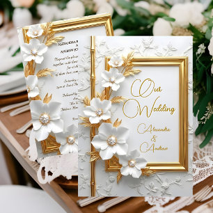 Invitation Mariage Élégant Blanc Floral Diamant Or Embossé