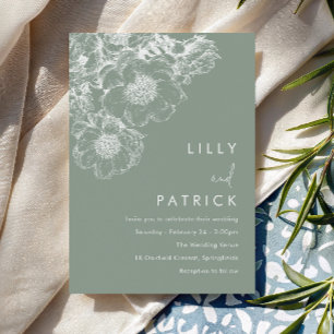 Invitation Mariage Élégant Blanc Floral Moderne Vert Sauge