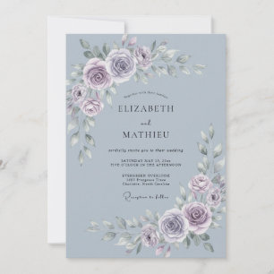 Invitation Mariage Élégant Bleu Ardoise Floral