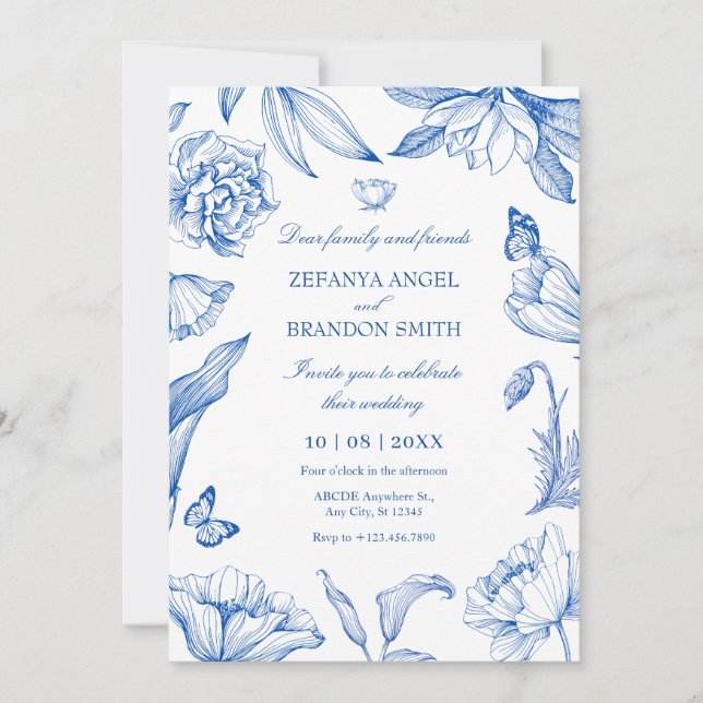 Invitation Mariage élégant bleu blanc floral (Devant)