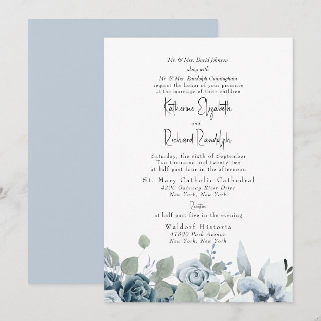 Invitation Mariage élégant, bleu bleu bleu foncé (Devant / Derrière)