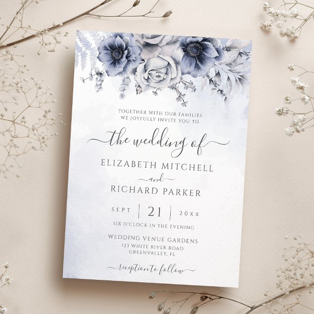Invitation Mariage Élégant Bleu Dusty Et Floral Navy (Créateur téléchargé)