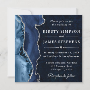 Invitation Mariage élégant bleu et argent paillettes Agate