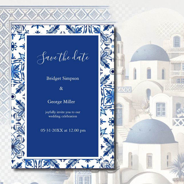 Invitation Mariage élégant bleu et blanc grec Enregistrer la  (Créateur téléchargé)