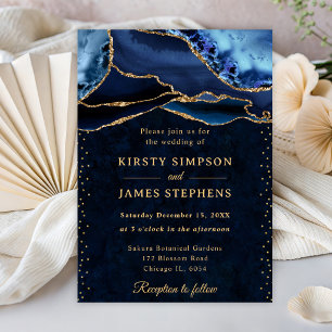 Invitation Mariage élégant bleu et or avec paillettes d'agate