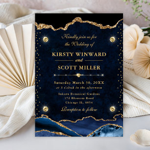 Invitation Mariage élégant bleu et or paillettes d'agate