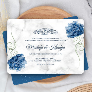 Invitation Mariage élégant bleu floral marbré islamique musul