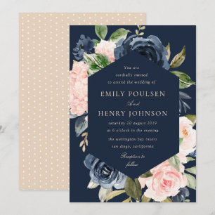 Invitation mariage élégant bleu marine et rose