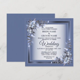 Invitation Mariage élégant bleu marine floral encadré argent