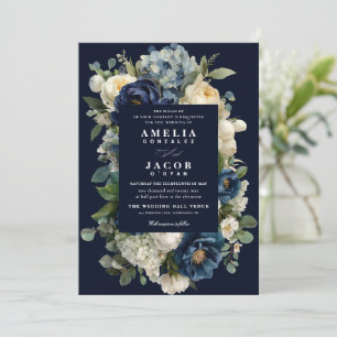 Invitation Mariage élégant bleu marine floral et pivoines bla