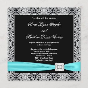 Invitation Mariage élégant bleu sarcelle noir argent