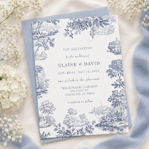 Invitation Mariage élégant bleu Toile De Jouy français vintag