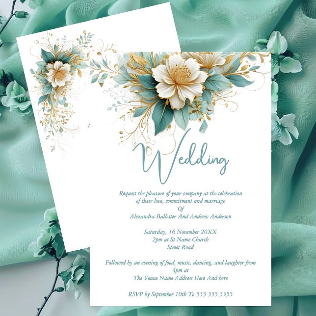 Invitation Mariage élégant bleu vert Fleurs blanches (Créateur téléchargé)