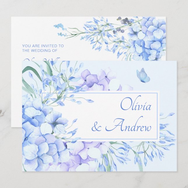 Invitation Mariage élégant bleu violet fleuri (Devant / Derrière)