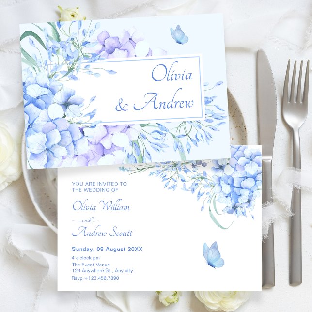 Invitation Mariage élégant bleu violet fleuri (Créateur téléchargé)