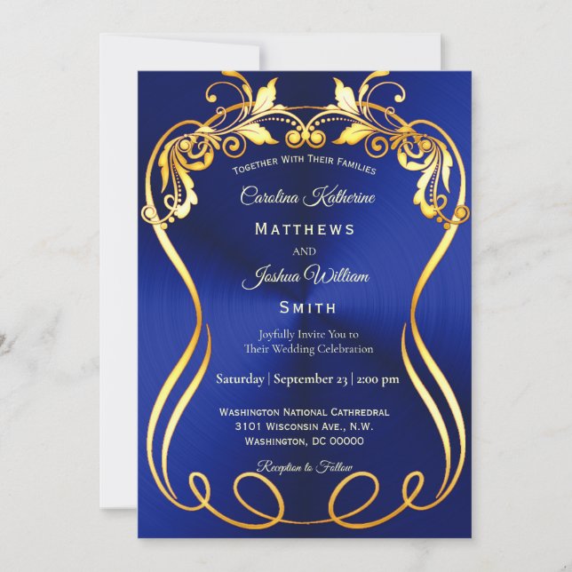 Invitation Mariage élégant Blue Gold (Devant)