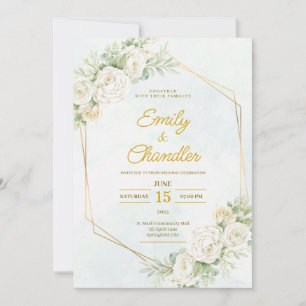 Invitation Mariage élégant bohème floral doré vert moderne