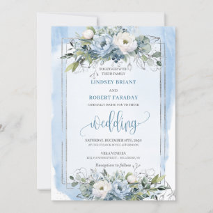 Invitation Mariage élégant Boho Pastel Blue Silver Peonies