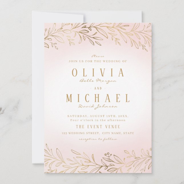 Invitation Mariage élégant, botanique et doré (Devant)