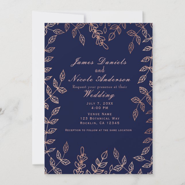 Invitation Mariage élégant botanique glamour or rose et bleu (Devant)