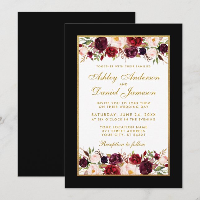 Invitation Mariage Elegant Bourgogne Floral Black Gold Frame (Devant / Derrière)
