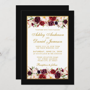 Invitation Mariage Elegant Bourgogne Floral Black Gold Photo
