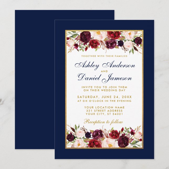 Invitation Mariage Elégant Bourgogne Floral Bleu Or (Devant / Derrière)