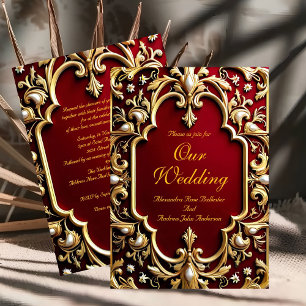 Invitation Mariage Élégant Bourguignon Or Orné Perles Rouges